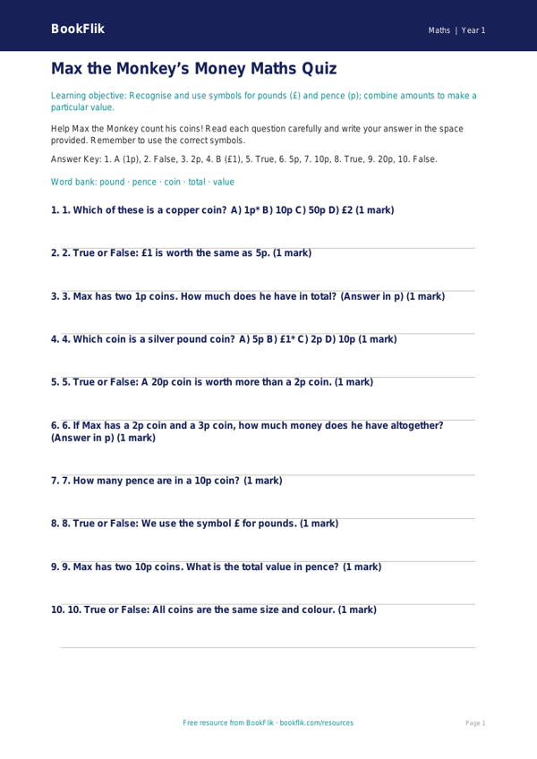 Free Money Quiz | Year 1 | Maths | BookFlik worksheet preview — Maths Money