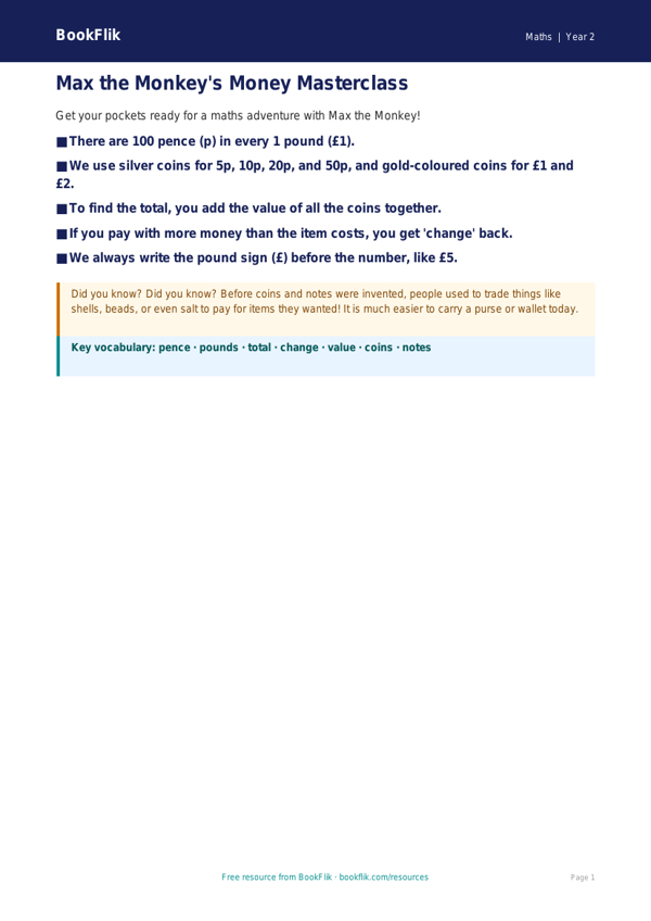 Free Money Poster | Year 2 | Maths | BookFlik worksheet preview — Maths Money