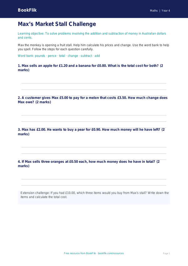 Free Money Template | Year 4 | Maths | BookFlik worksheet preview — Maths Money