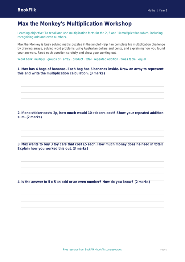 Free Multiplication Template | Year 2 | Maths | BookFlik worksheet preview — Maths Multiplication