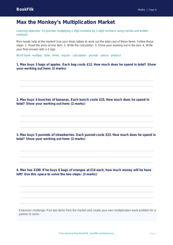 Free Multiplication Template | Year 4 | Maths | BookFlik worksheet preview — Maths Multiplication