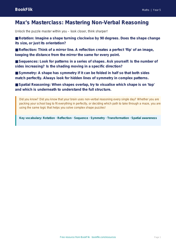 Free Non Verbal Reasoning Poster | Year 5 | Maths | BookFlik worksheet preview — Maths Non Verbal Reasoning
