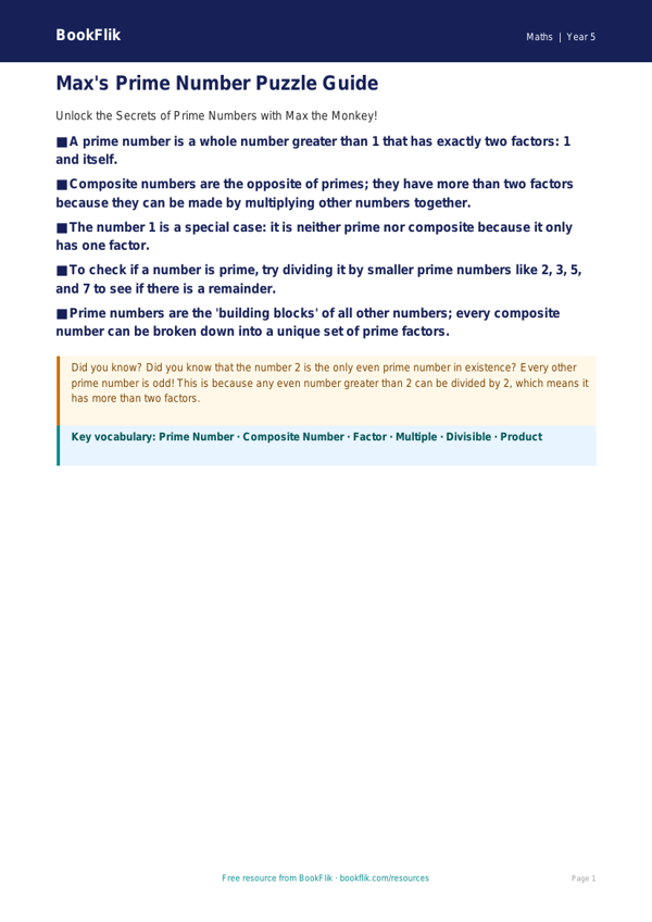 Free Prime Numbers Poster | Year 5 Maths | BookFlik worksheet preview — Maths Prime Numbers