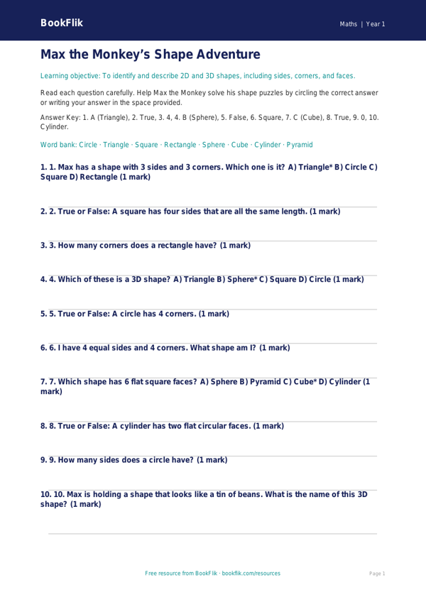 Free Shape Quiz | Year 1 | Maths | BookFlik worksheet preview — Maths Shape