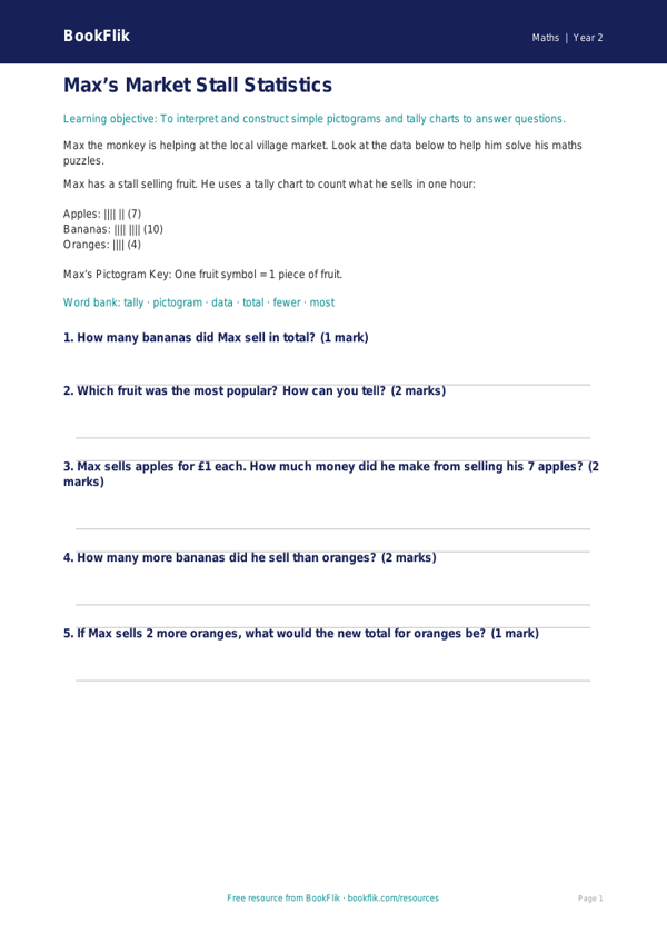 Free Statistics Worksheet | Year 2 | Maths | BookFlik worksheet preview — Maths Statistics