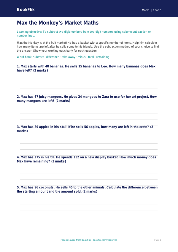 Free Subtraction Activity Sheet | Year 2 | Maths | BookFlik worksheet preview — Maths Subtraction