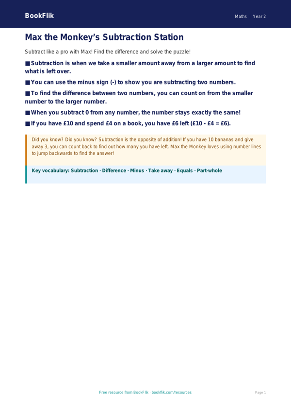 Free Subtraction Poster | Year 2 | Maths | BookFlik worksheet preview — Maths Subtraction