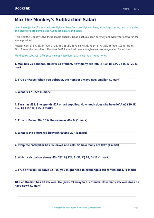 Year 2 Subtraction Quiz: Maths Practice for Australian Students | BookFlik worksheet preview — Maths Subtraction