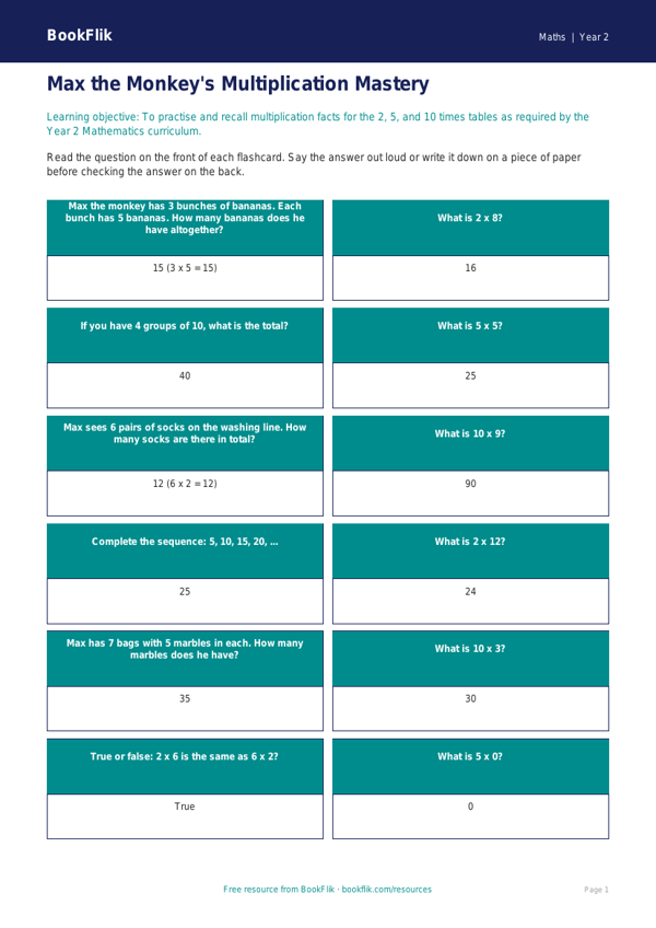 Free Times Tables Flashcards | Year 2 Maths | BookFlik worksheet preview — Maths Times Tables