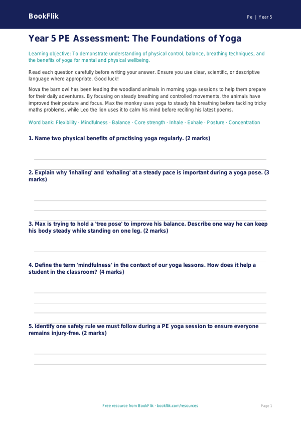Yoga Assessment Year 5 | Free PE Resource | BookFlik worksheet preview — Pe Yoga