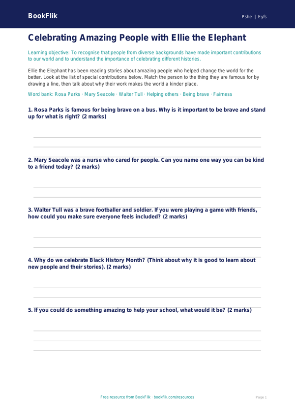 Free Black History Month Activity Sheet | Foundation | HASS / Personal Development | BookFlik worksheet preview — Pshe Black History Month
