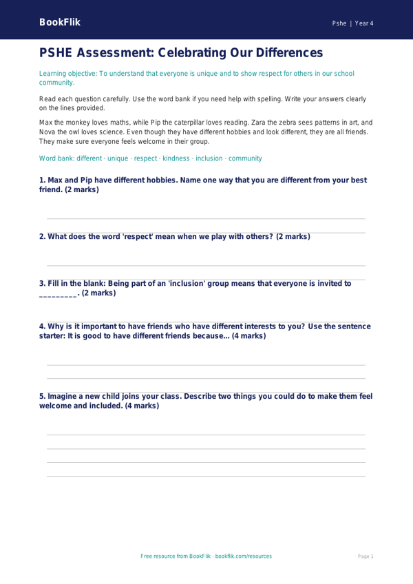 Free Diversity And Inclusion Assessment | Year 4 | HASS / Personal Development | BookFlik worksheet preview — Pshe Diversity And Inclusion