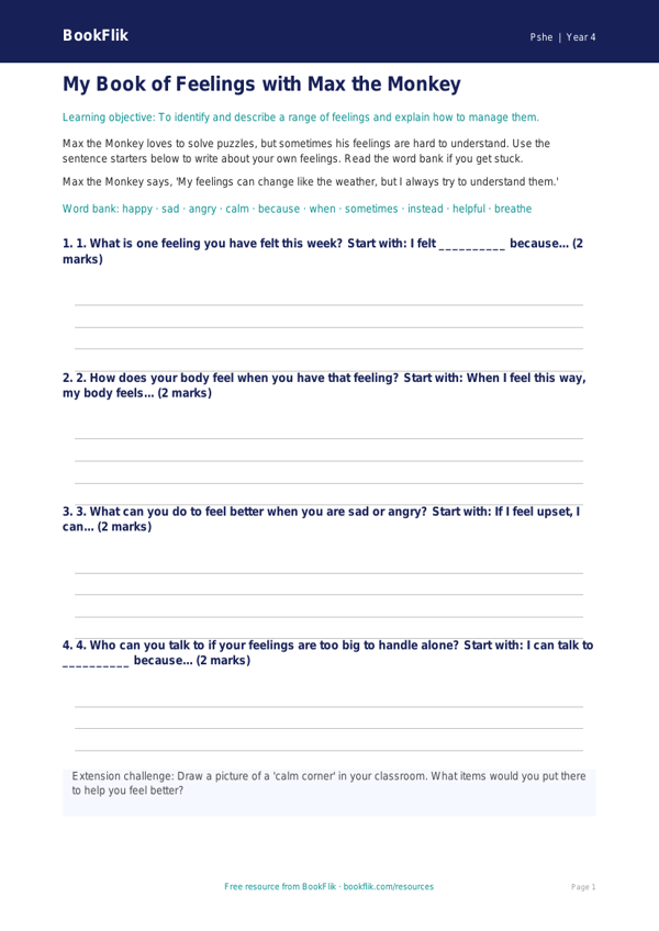 Free Feelings Writing Frame | Year 4 | HASS / Personal Development | BookFlik worksheet preview — Pshe Feelings
