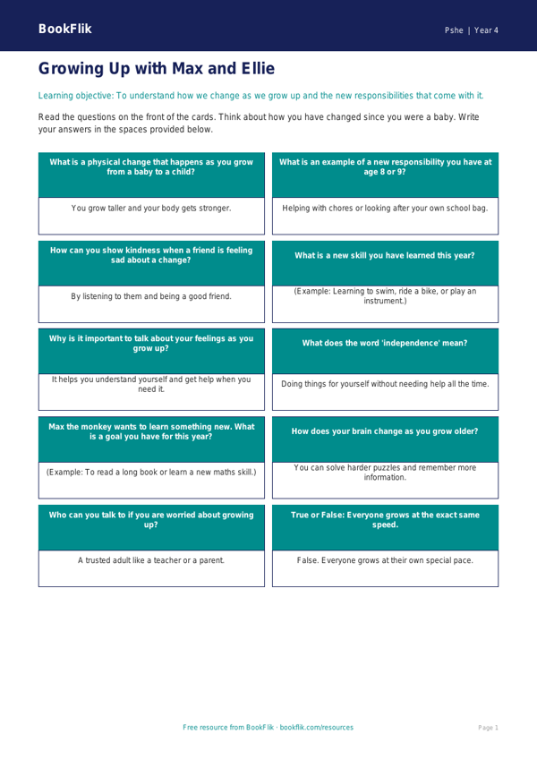 Free Growing Up Flashcards | Year 4 | HASS / Personal Development | BookFlik worksheet preview — Pshe Growing Up