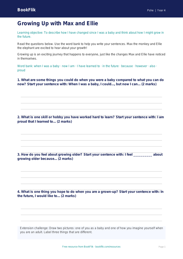 Free Growing Up Writing Frame | Year 4 | HASS / Personal Development | BookFlik worksheet preview — Pshe Growing Up