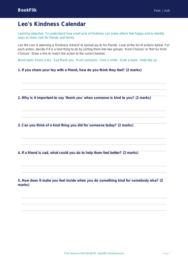 Free Kindness Advent Activity Sheet | Foundation | HASS / Personal Development | BookFlik worksheet preview — Pshe Kindness Advent