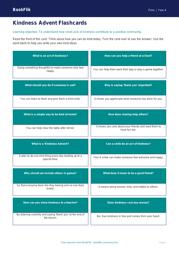 Kindness Advent Flashcards for Year 4 | Free Australian Curriculum Resource worksheet preview — Pshe Kindness Advent