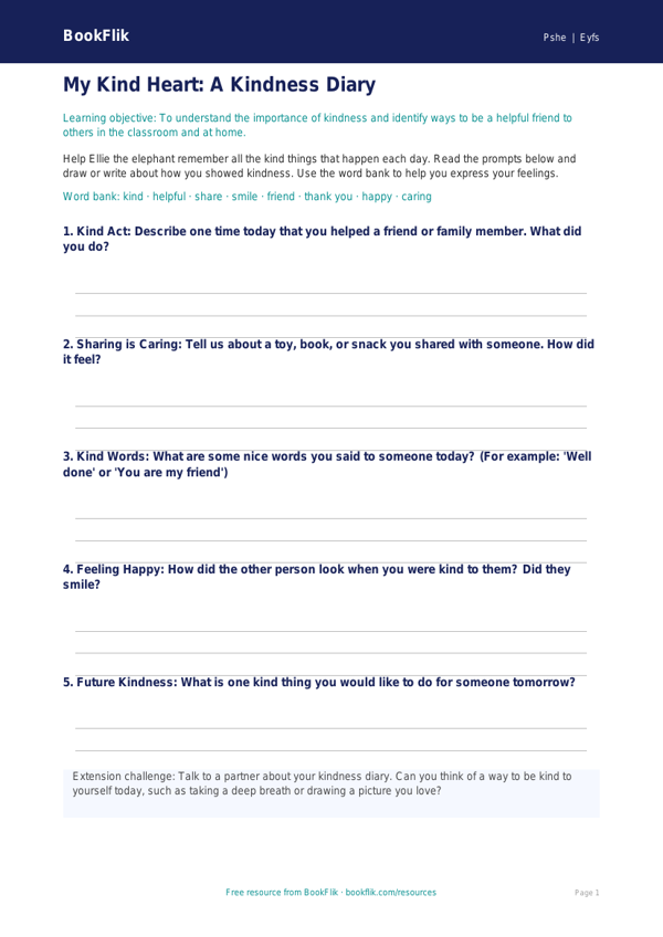 Free Kindness Template | Foundation | HASS / Personal Development | BookFlik worksheet preview — Pshe Kindness