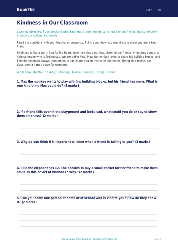 Free Kindness Worksheet | Foundation | HASS / Personal Development | BookFlik worksheet preview — Pshe Kindness