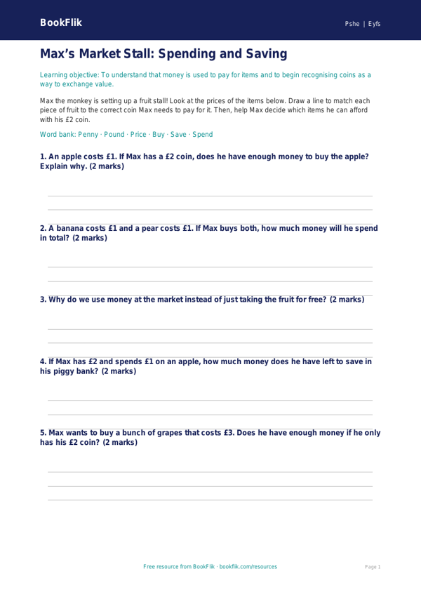 Free Money Activity Sheet | Foundation | HASS / Personal Development | BookFlik worksheet preview — Pshe Money