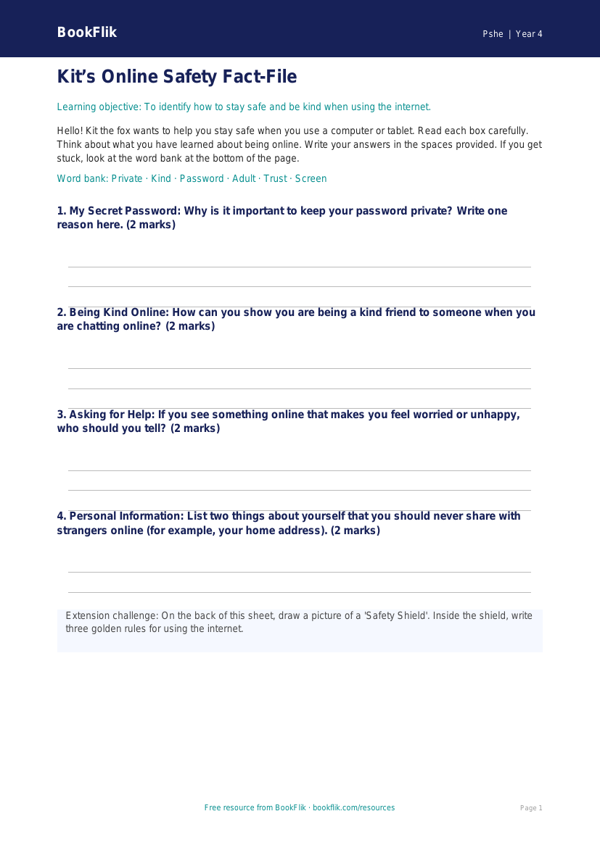 Free Online Safety Template | Year 4 | HASS / Personal Development | BookFlik worksheet preview — Pshe Online Safety