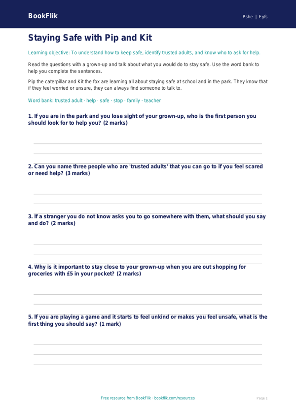 Free Personal Safety Worksheet | Foundation | HASS / Personal Development | BookFlik worksheet preview — Pshe Personal Safety