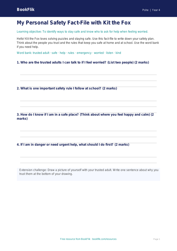 Free Personal Safety Template | Year 4 | HASS / Personal Development | BookFlik worksheet preview — Pshe Personal Safety