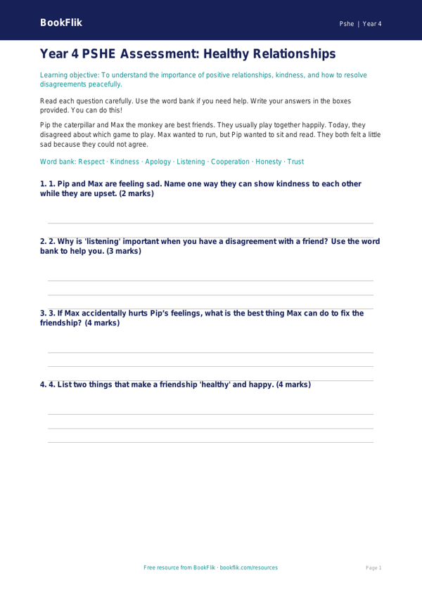 Free Relationships Assessment | Year 4 | HASS / Personal Development | BookFlik worksheet preview — Pshe Relationships