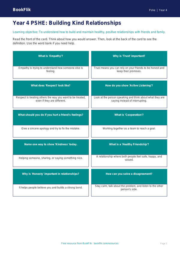 Free Relationships Flashcards | Year 4 | HASS / Personal Development | BookFlik worksheet preview — Pshe Relationships