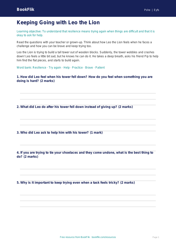 Free Resilience Worksheet | Foundation | HASS / Personal Development | BookFlik worksheet preview — Pshe Resilience