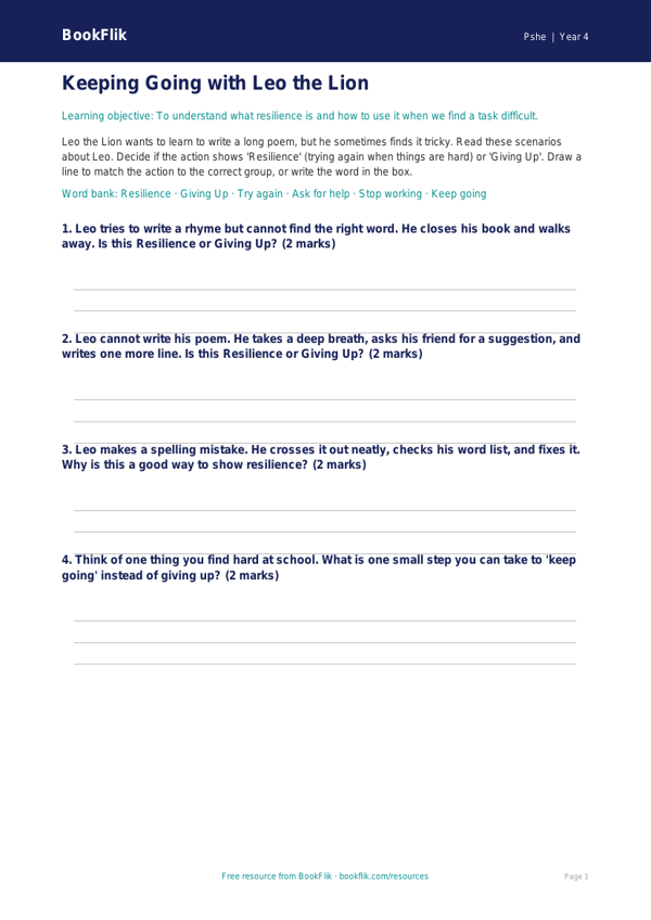 Free Resilience Activity Sheet | Year 4 | HASS / Personal Development | BookFlik worksheet preview — Pshe Resilience