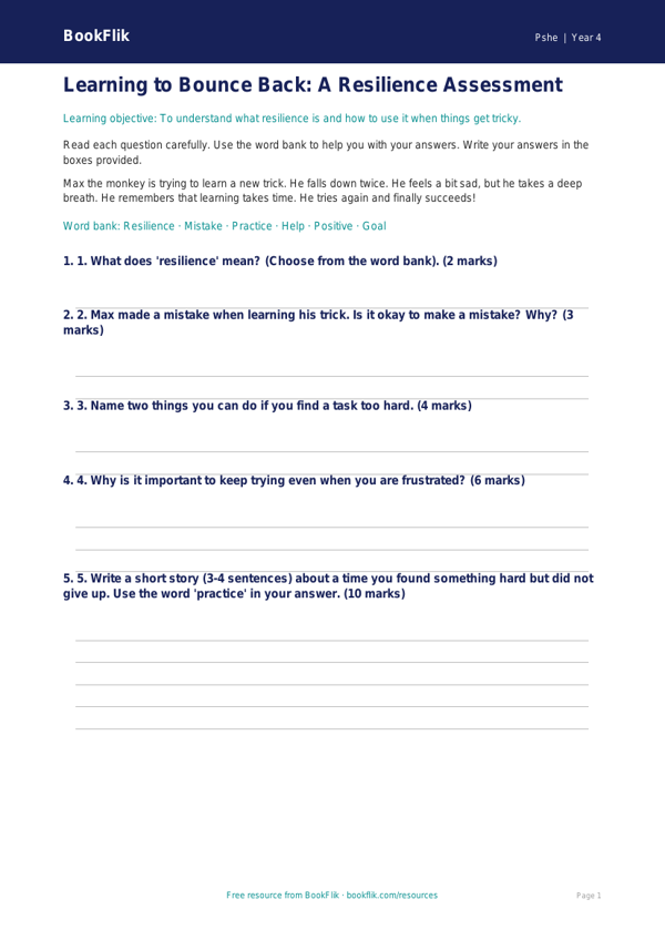 Resilience Assessment Year 4 Free | HASS & Personal Development | BookFlik worksheet preview — Pshe Resilience