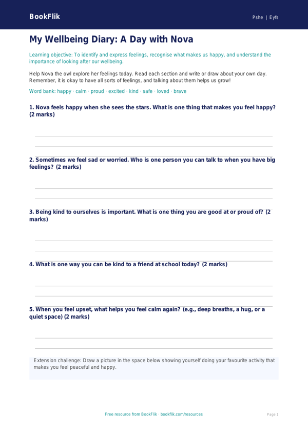 Free Wellbeing Template | Foundation | HASS / Personal Development | BookFlik worksheet preview — Pshe Wellbeing