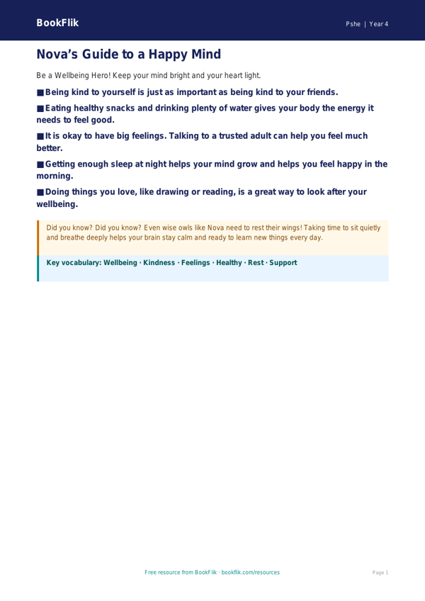 Free Wellbeing Poster | Year 4 | HASS / Personal Development | BookFlik worksheet preview — Pshe Wellbeing
