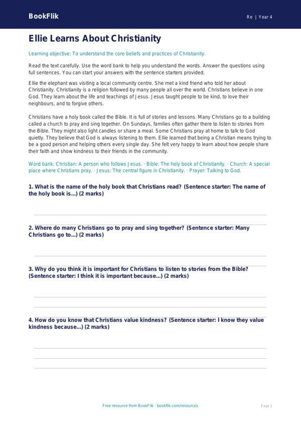 Free Christianity Comprehension | Year 4 | Religious Education | BookFlik worksheet preview — Re Christianity