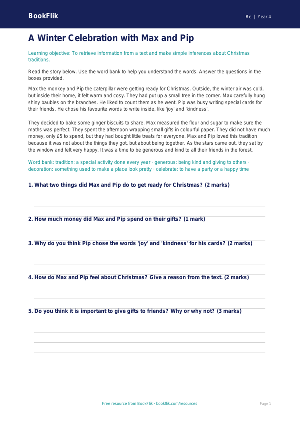 Free Christmas Comprehension | Year 4 | Religious Education | BookFlik worksheet preview — Re Christmas