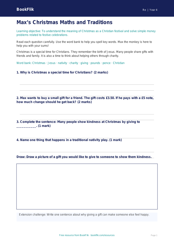Free Christmas Worksheet | Year 4 | Religious Education | BookFlik worksheet preview — Re Christmas