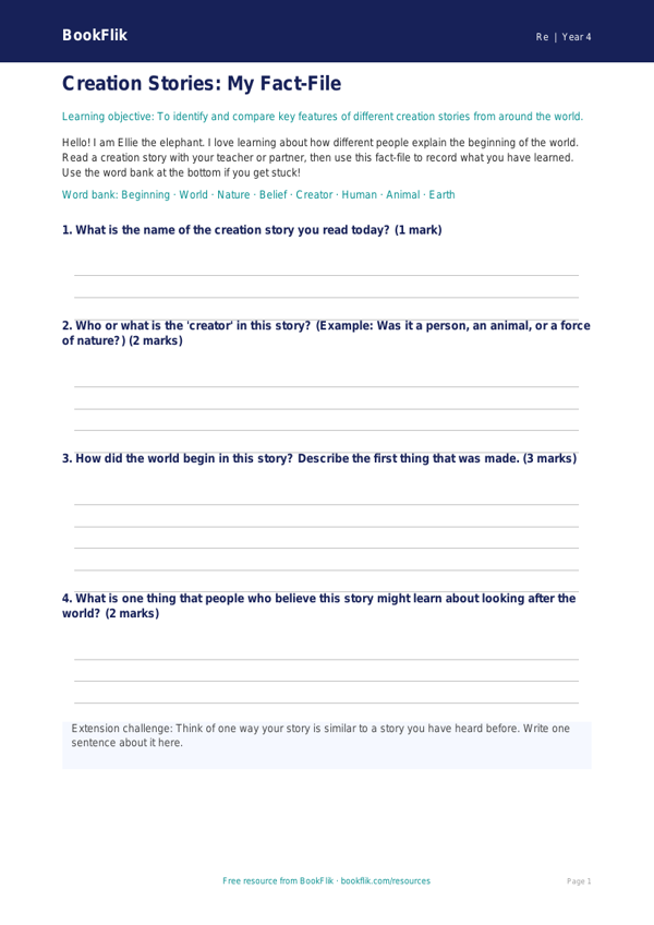 Free Creation Stories Template | Year 4 | Religious Education | BookFlik worksheet preview — Re Creation Stories