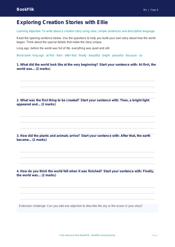 Free Creation Stories Writing Frame | Year 4 | Religious Education | BookFlik worksheet preview — Re Creation Stories