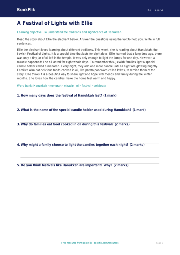 Free Hanukkah Comprehension | Year 4 | Religious Education | BookFlik worksheet preview — Re Hanukkah