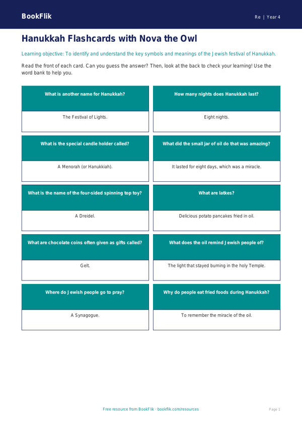 Hanukkah Flashcards for Year 4 | Religious Education | BookFlik worksheet preview — Re Hanukkah