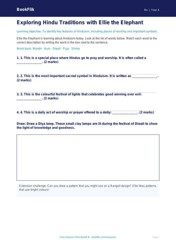 Free Hinduism Activity Sheet | Year 4 | Religious Education | BookFlik worksheet preview — Re Hinduism