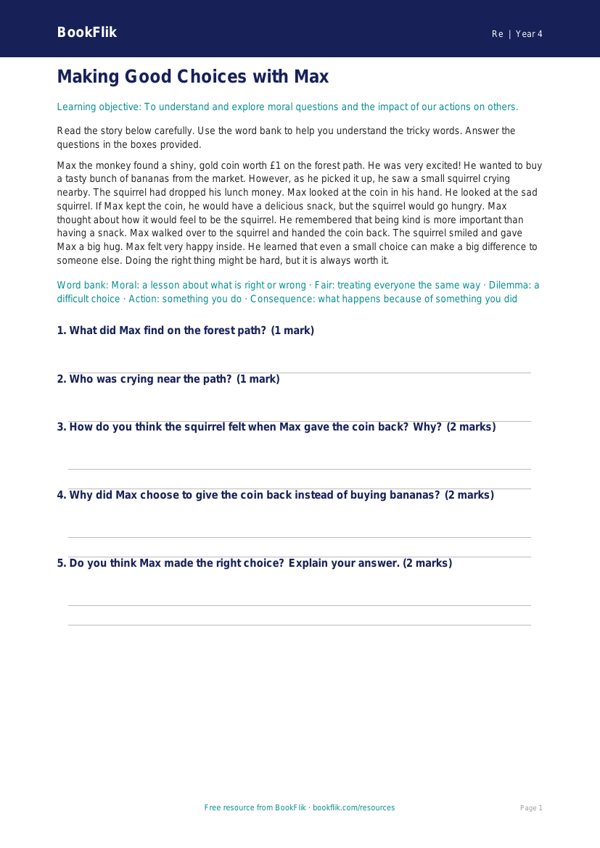 Free Moral Questions Comprehension | Year 4 | Religious Education | BookFlik worksheet preview — Re Moral Questions