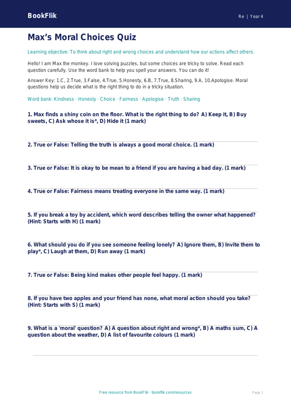 Moral Questions Quiz for Year 4 | Religious Education | BookFlik worksheet preview — Re Moral Questions