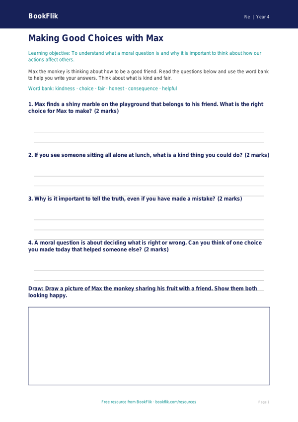 Free Moral Questions Worksheet | Year 4 | Religious Education | BookFlik worksheet preview — Re Moral Questions