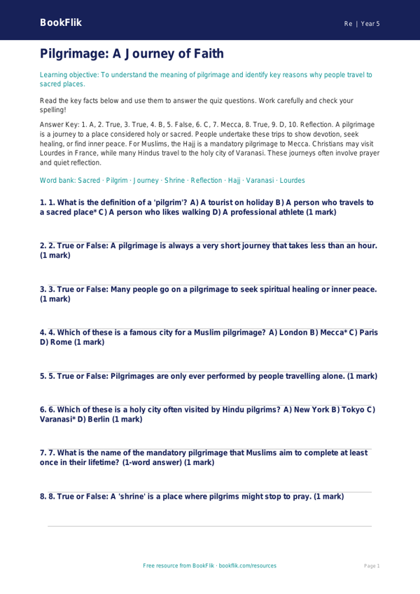 Free Pilgrimage Quiz | Year 5 | Religious Education | BookFlik worksheet preview — Re Pilgrimage