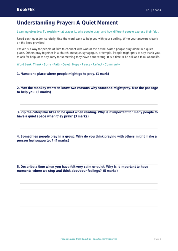 Year 4 Prayer Assessment Worksheet | Religious Education | BookFlik worksheet preview — Re Prayer