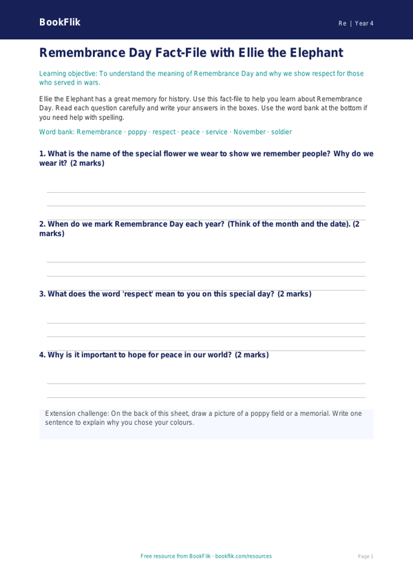 Free Remembrance Day Template | Year 4 | Religious Education | BookFlik worksheet preview — Re Remembrance Day