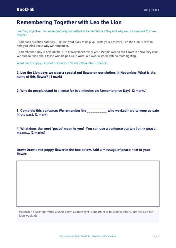 Free Remembrance Day Worksheet | Year 4 | Religious Education | BookFlik worksheet preview — Re Remembrance Day