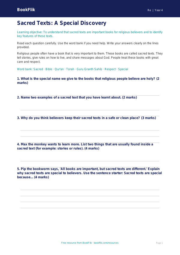 Sacred Texts Assessment Year 4 | Free Religious Education Worksheet worksheet preview — Re Sacred Texts